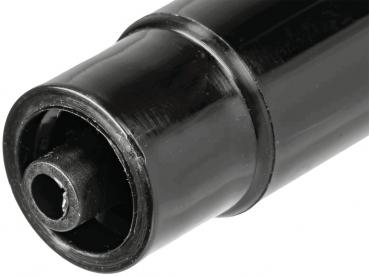 The image shows a black, cylindrical object with a slightly raised edge. At one end, there is a round opening that is hollow inside. The surface is smooth and shiny.