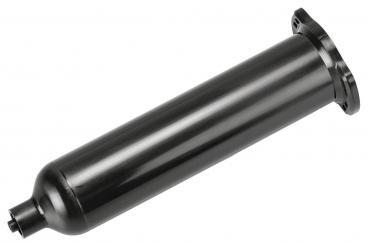 The image shows a cylindrical, long metal object that is painted black. One end has a connector, while the other end is flat and features a mount.