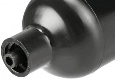 The image shows a black cylindrical object with a wide end and a narrow, hollow output. The surface is smooth and shiny, giving it a modern appearance.