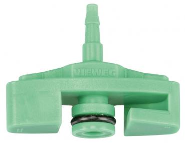 The image shows a green, plastic-like component with a short, upright tube. It has a wide base with a rubberized seal and two lateral bulges.