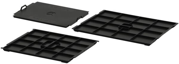 The image displays a black, rectangular, flat cover with two side handles. It has a smooth surface and is possibly made of plastic. There is a symbol incorporated on one side.