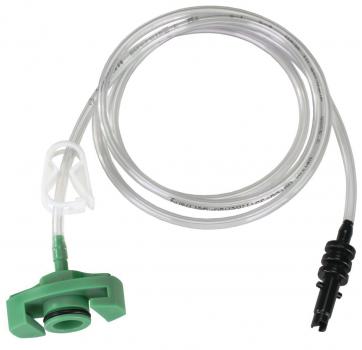 The image shows a transparent hose that ends with a green plastic connector and a black plug. The hose is flexible and has an elongated shape.