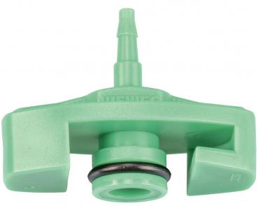 The image shows a small, green plastic adapter with a thin spout on top. It has a round base with a rubber seal and two lateral, rounded bulges.
