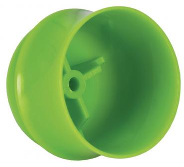 The image depicts a brightly green, hemispherical plastic container. The inside is smooth, with a small hole in the center and a sturdy shape.