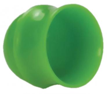 The image shows a green, round-shaped object made of flexible material. It has a wide, open top area and a curved, outwardly bulging shape.