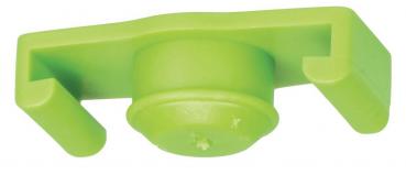 The image shows a small, light green plastic clip. It has a round, raised part in the middle and two elongated, curved holders on the sides.