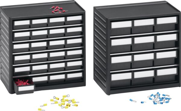 The image shows a compact, dark storage box with several drawers. These are arranged in two rows and have white labeling areas on the front.