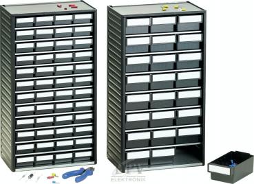 The image shows a black storage cabinet with several small drawers. Each drawer is narrow and has a transparent front part that makes the contents visible.