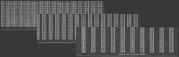 Das Bild zeigt eine Anordnung von vertikalen Linien und Punkten in mehreren Reihen auf dunklem Hintergrund. Die Struktur wirkt symmetrisch und präzise, möglicherweise ein Muster oder eine Grafik für visuelle Daten.