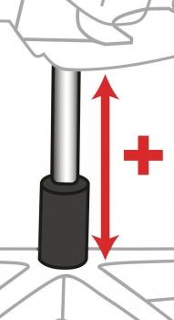 The image shows a mechanism with a black base and a silver rod element. A red arrow indicates the upward movement for adjusting the height.