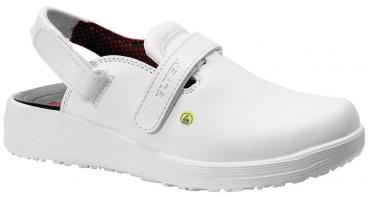 The shoe is a white clog with an open heel area and an adjustable strap. The sole is thick and slip-resistant, the interior is padded for comfort.