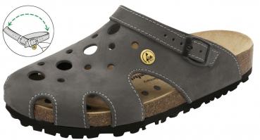The shoe is a gray clog with large holes and a buckle. The sole is made of cork and has a textured profile, which provides good grip. It is lightweight and comfortable.