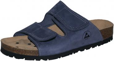 The image shows a dark blue sandal with two wide Velcro straps. The insole is beige with small holes, the sole is black and textured for good grip.