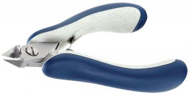 The image shows a nail scissors with non-slip, blue handles and a sharp, curved metal blade. The blade is pointed and cuts precisely.