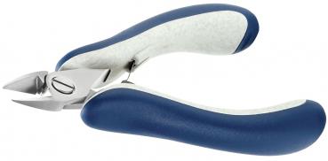 The image shows a nail clipper with an ergonomic handle. The handle is blue and has a white, non-slip surface. The blades are made of silver metal and are sharp.