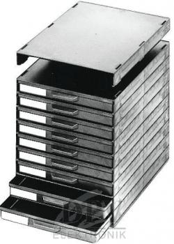 The image shows a black, rectangular tray without a lid. It has flat edges and a smooth surface. On one side, there is a small handle for lifting.