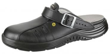 Das Bild zeigt einen weißen Clog-Schuh mit einem verstellbaren Riemen. Er hat eine glatte Oberfläche mit drei Lüftungsschlitzen und eine dicke, rutschfeste Sohle.