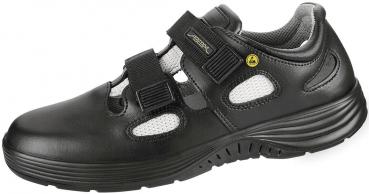 The shoe is black with a sporty design. It has two Velcro straps and breathable mesh inserts. The sole is sturdy and provides good grip. Ideal for active use.