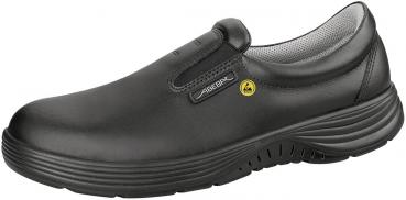 This is a black, slip-on leather shoe with a non-slip sole. It features a reinforced toe cap and a padded insole for comfort.