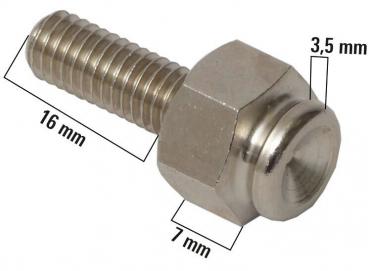 The image shows a metal screw with a threaded shaft. The screw has a hexagonal shape, a diameter of 7 mm, and a length of 16 mm. On one side, there is a flat head.