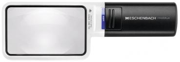 The image displays a rectangular magnifying glass with a large, clear glass area. The handle is black and features a blue power button. It is intended for magnifying text or images.