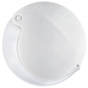 Das Bild zeigt eine runde, flache LED-Lampe in Weiß. Oben ist der Schriftzug "mobilent LED" eingeprägt. Eine kleine Aussparung an der Seite deutet auf eine Halterung hin.