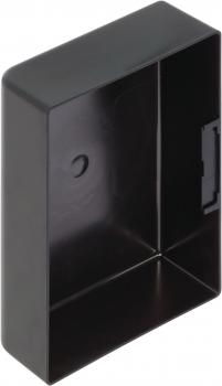 The image shows a rectangular, black plastic box without a lid. The box has smooth walls and an opening on one side for a closure or attachment option.