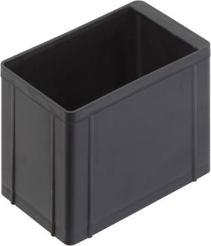 The image shows a rectangular, black plastic box without a lid. It has smooth walls with slight indentations and is sturdy. The corners are right-angled and the edges are slightly flattened.