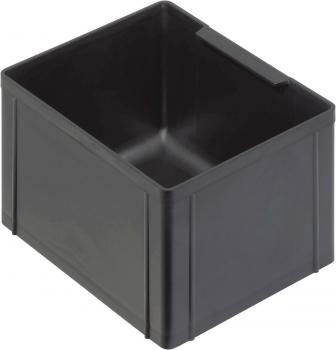 It is a black, square plastic box without a lid. The walls are flat and tall, with a smooth surface. It has a practical handle on one side.