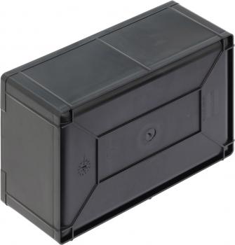 Das Bild zeigt eine rechteckige, schwarze Kunststoffbox mit abgerundeten Kanten. Die Oberfläche ist glatt und die Box hat einen Deckel. Sie wirkt robust und stabil.