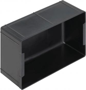 Das Bild zeigt eine rechteckige Kunststoffbox in Schwarztönen. Sie hat offene Seiten und eine flache Grundfläche, ideal zum Organisieren und Lagern von Gegenständen.
