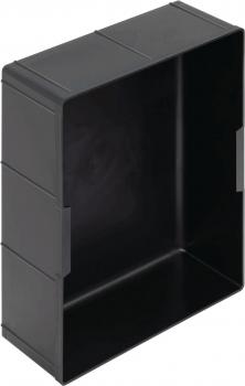The image shows a black, rectangular container without a lid. It has smooth walls and an open top that looks into the interior, and is typically made of plastic.