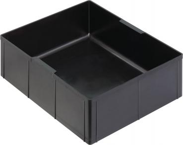 The image shows a black, rectangular plastic box without a lid. It has a clear, open shape with tall, straight walls and a flat base. Ideal for organizing.