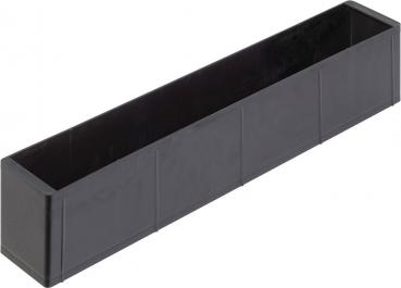 The image shows a long, narrow box in black color. The box has straight edges and a smooth surface, without a lid or any special decorations.
