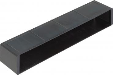 The image shows an elongated, rectangular box in black. It has an open front and a flat top with four horizontal creases indicating where the lid sits.