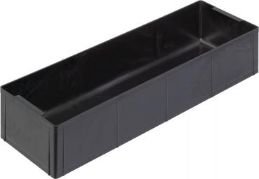 The image displays an elongated, rectangular box made of black plastic. It has smooth walls and is open, without a lid, for storing items.