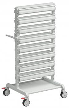 The image displays a mobile clothes rack with several horizontal bars. It features wheels for easy movement and a handle side to pull or push it.