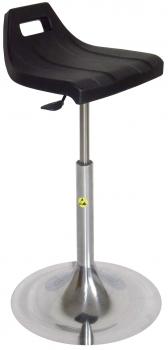 The stool has a black, ergonomically shaped plastic seat. It stands on a chrome-plated metal frame with a round base that is stable and shiny.