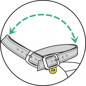 The image shows a belt within a circular frame. The belt is gray, has a buckle, and displays a green, curved arrow line indicating movement.