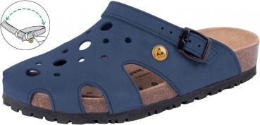 Der Schuh ist ein schwarzer Clog mit offenen Seiten und Löchern für Luftzirkulation. Er hat eine Korksohle und einen Riemen, der mit einer Schnalle verstellbar ist.