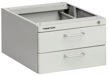 The image shows a gray cabinet with two standard drawers. The cabinet is made of metal and has a simple, functional style. It features silver handle bars and a recess on the top.
