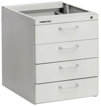 The image shows a compact, white chest of drawers with four drawers. The drawers have simple, straight metal handles. An empty shelf is visible on top.