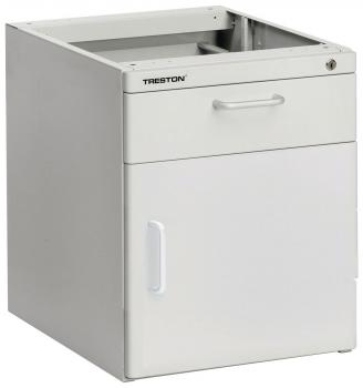 The image shows a white rolling cabinet with a drawer on top and a door at the bottom. It has a smooth surface and a simple, rectangular shape.