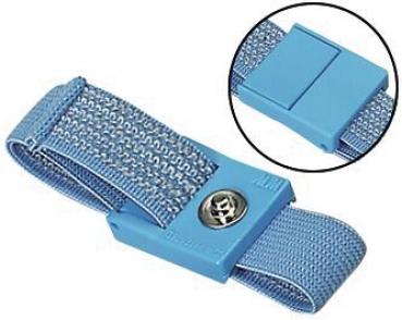 The image shows a blue, elastic fabric wristband attachment with a narrow clip closure. A small round area with a metal fastening is visible.