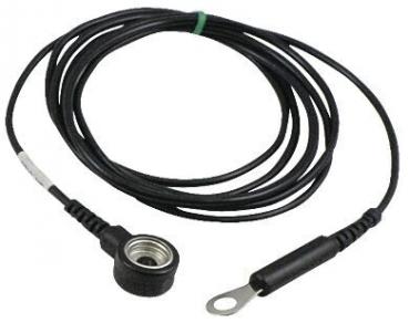 The image shows a black cable with a round connector on one end and a flat eyelet on the other end. The cable has a curved shape and is quite long.