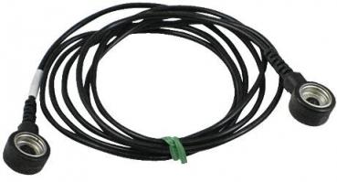 The image shows a long, black cable with two round, metallic connectors at the ends. The cable is curved and has a green clip at one point holding it together.