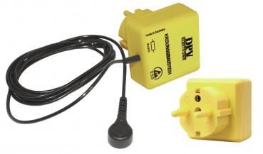 The image shows a yellow network adapter with a cable that can be connected to a socket. It has a round socket and a sticker with technical specifications.