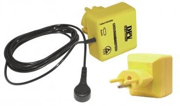 The image shows a yellow power supply with a long cable. It has a plug for the socket and a small socket to connect a device.
