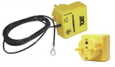 The picture shows a yellow cable with a plug and a small box. The box has several slots and is connected to a cable. Everything is in the color yellow.