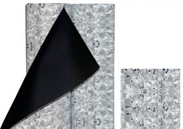 The image displays two rolls of fabric-like material. One roll has a silver, shiny surface with a coarse pattern, while a piece of black fabric is being stripped off.